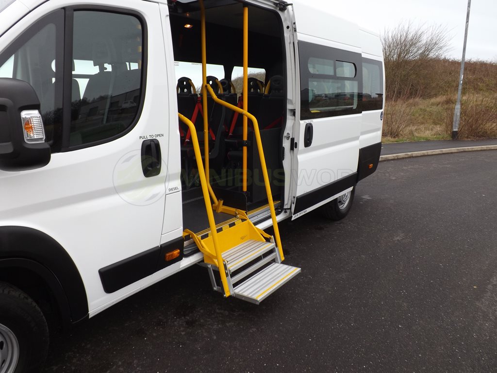 17 Seat Peugeot Boxer Wheelchair Accessible CanDrive Minibus Leasing Exterior Right Manual Step Grab Rails