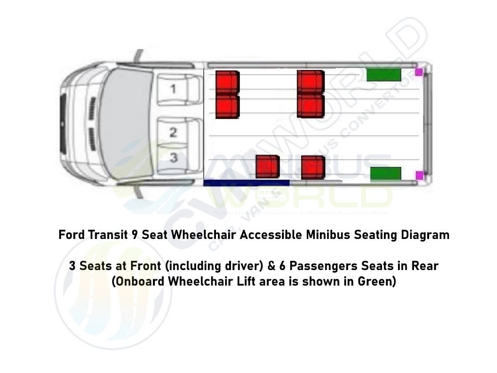 Ford Transit 9 Seat Wheelchair Accessible Minibus with Onboard Lift Seating Diagram
