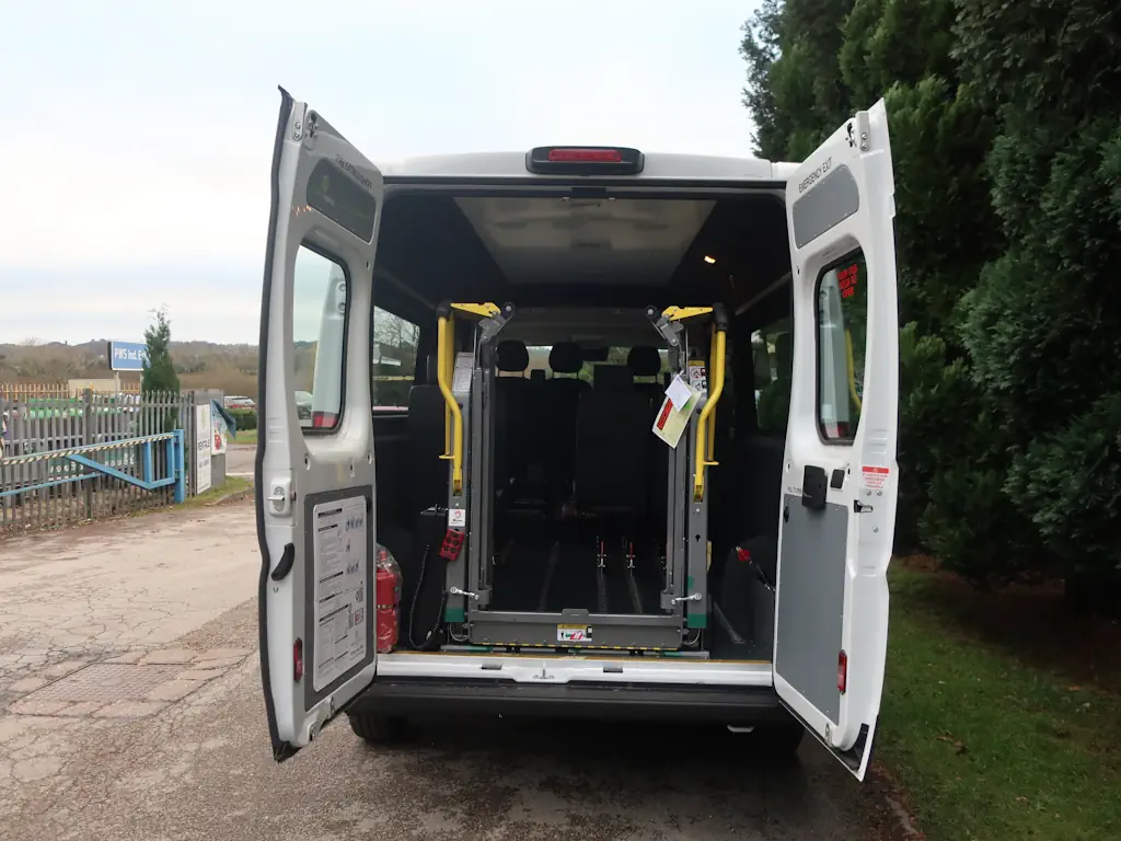 Peugeot-Boxer-Professional-9-Seat-EasyOn-Wheelchair-Accessible-Minibus-With-Onboard-Lift-For-Sale-External-Rear-Doors-Open