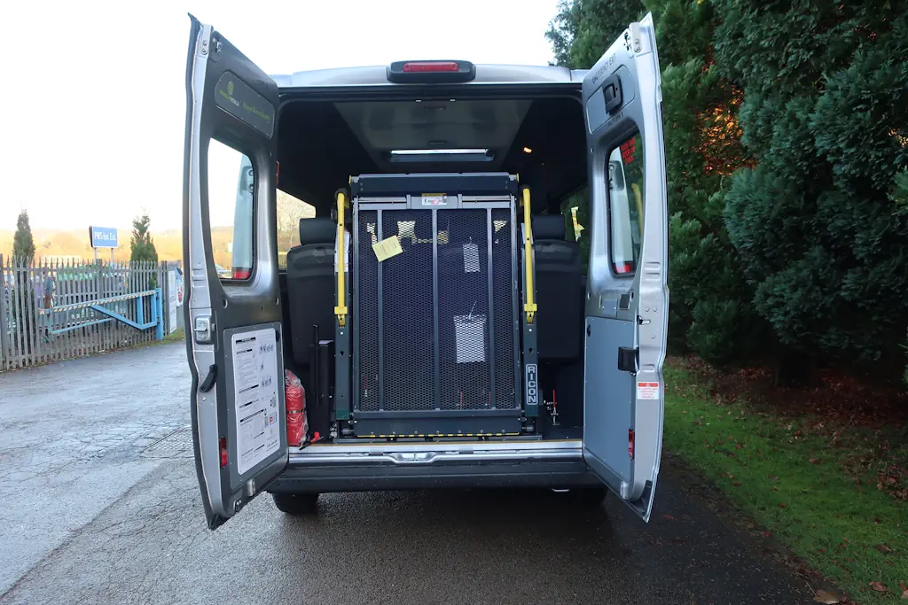Peugeot-Boxer-Professional-L3-H2-14-Seat-EasyOn-Wheelchair-Accessible-Minibus-With-Onboard-Lift-For-Sale-External-Rear-Doors-Open