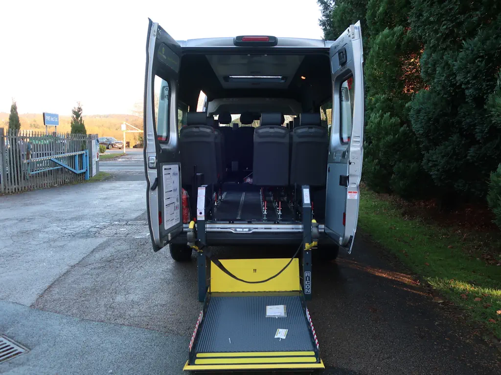 Peugeot-Boxer-Professional-L3-H2-14-Seat-EasyOn-Wheelchair-Accessible-Minibus-With-Onboard-Lift-For-Sale-External-Rear-Lift-Deployed