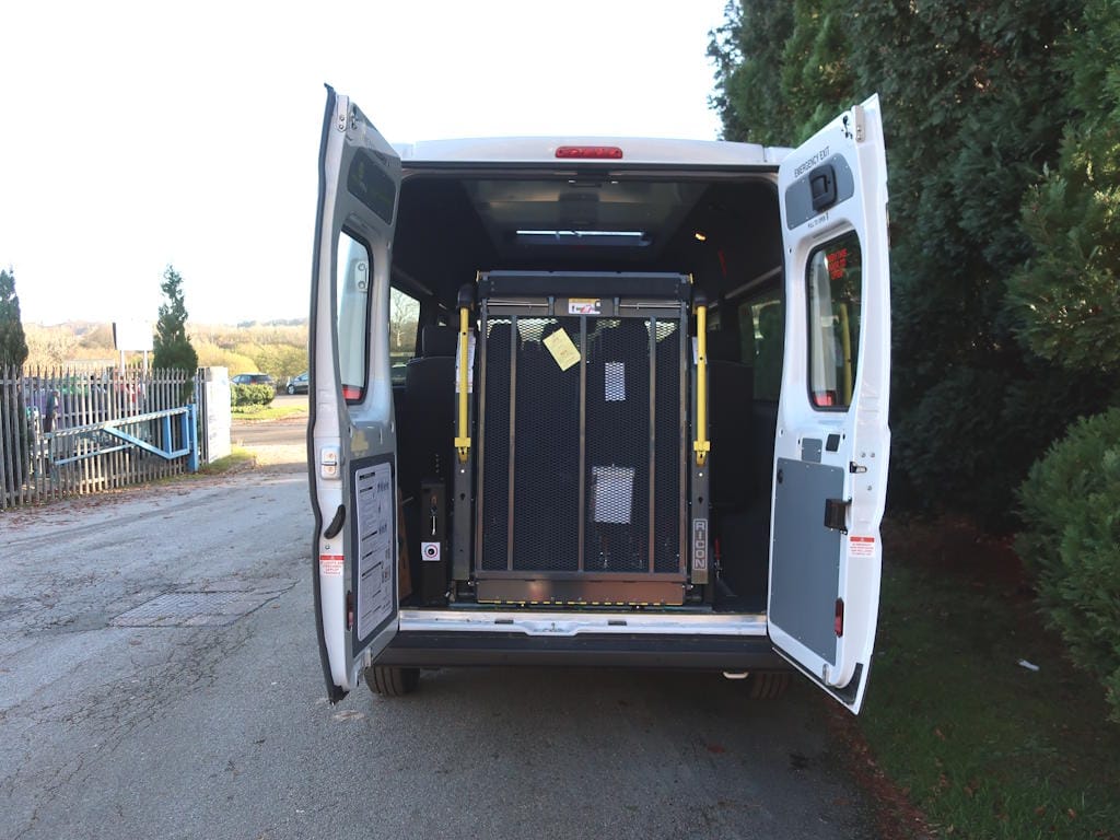 Peugeot-Boxer-Professional-14-Seat-EasyOn-Wheelchair-Accessible-Minibus-With-Onboard-Lift-For-Sale-External-Rear-Doors-Open