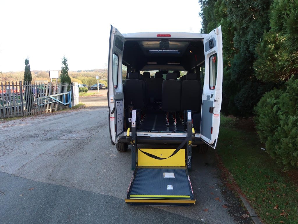 Peugeot-Boxer-Professional-14-Seat-EasyOn-Wheelchair-Accessible-Minibus-With-Onboard-Lift-For-Sale-External-Rear-Lift-Deployed