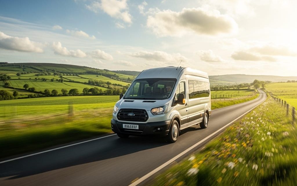 Ford,Transit,Minibus,Driving,Down,Country,Road,Coming,Soon